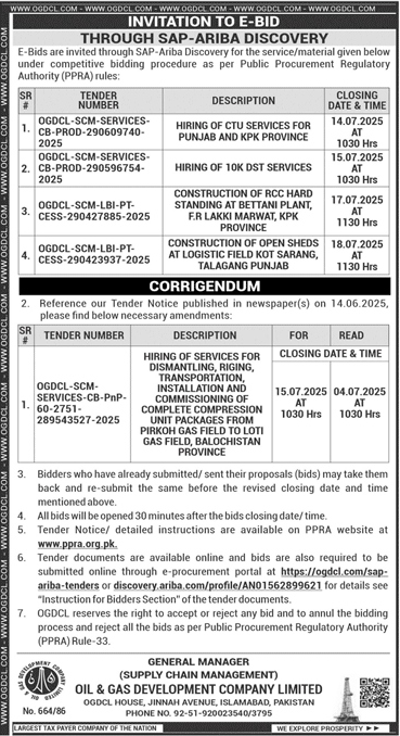 Oil & Gas Development Company Limited Islamabad Tender Notice